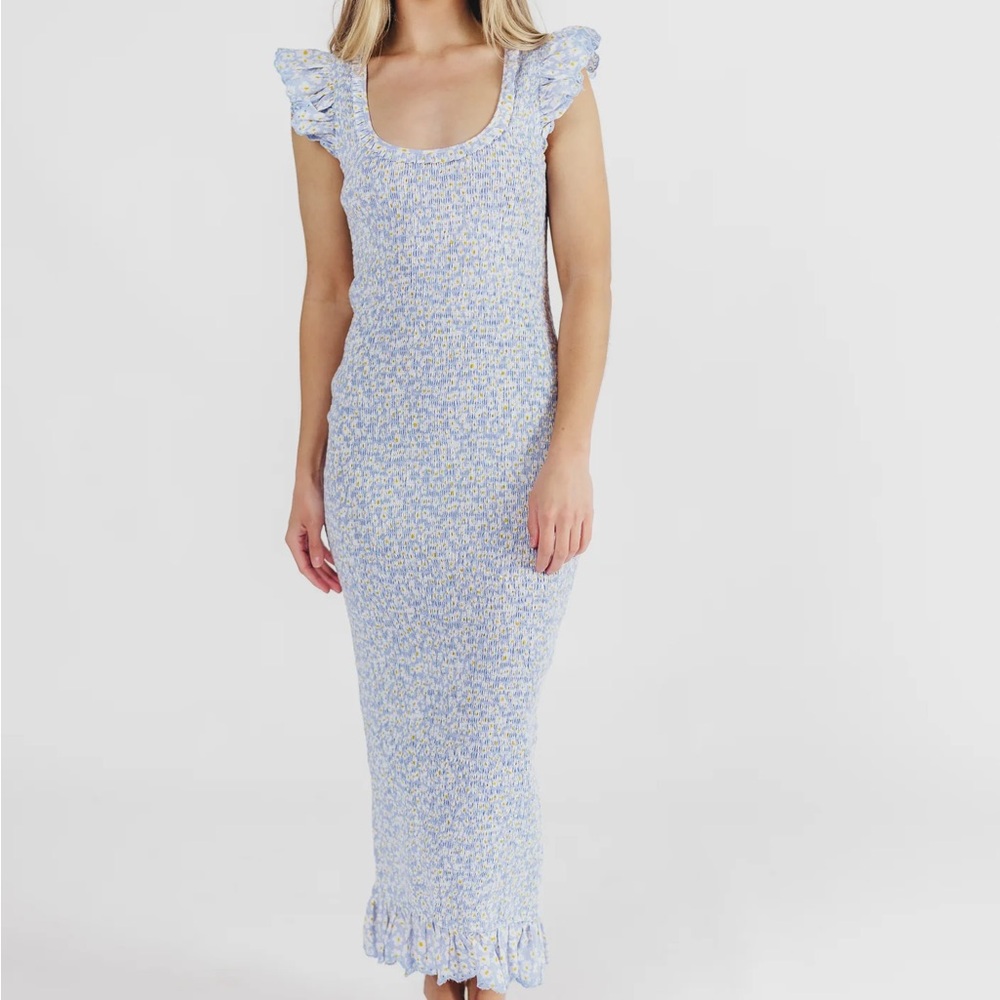 Elegant Blue Floral Midi Dress | Bump Friendly